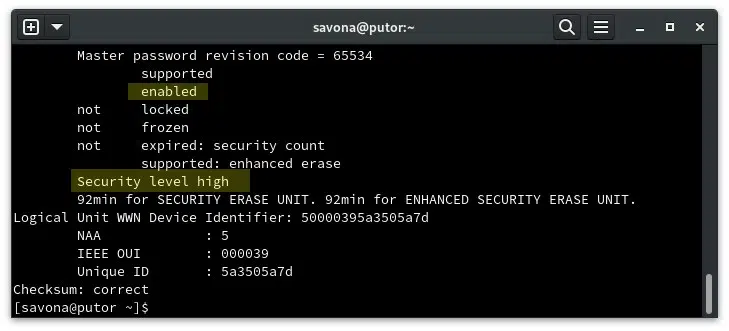 Showing security level of drive with hdparm on Linux