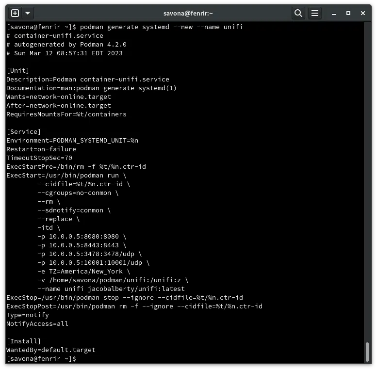 Using podman generate to create a systemd service unit file that can be used to start podman containers on boot.